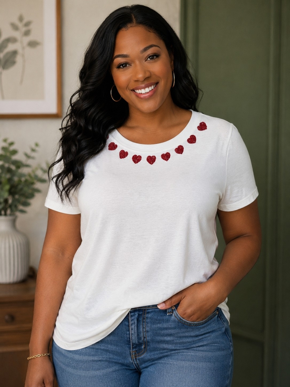 A New Day White Short Sleeve Tee with Red Beaded Heart Accents